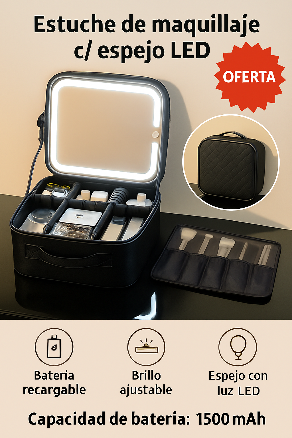 Estuche GlamLED™ con Espejo y Luz LED (Recargable USB)