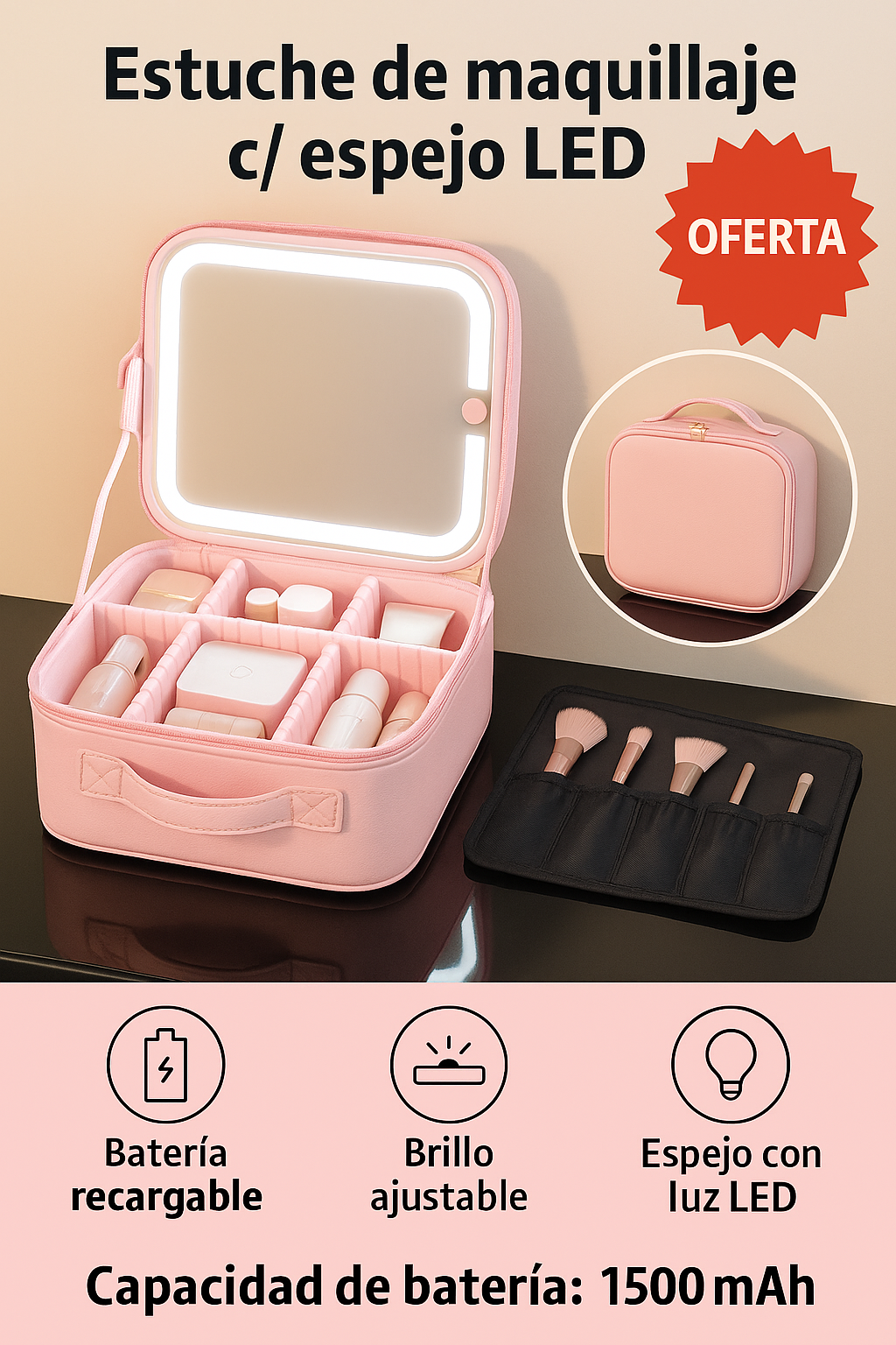 Estuche GlamLED™ con Espejo y Luz LED (Recargable USB)